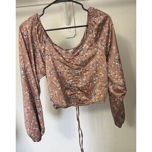 Hippie Rose Juniors’ Ruched-Front Satin Top, Mocha Rose Foral, Small